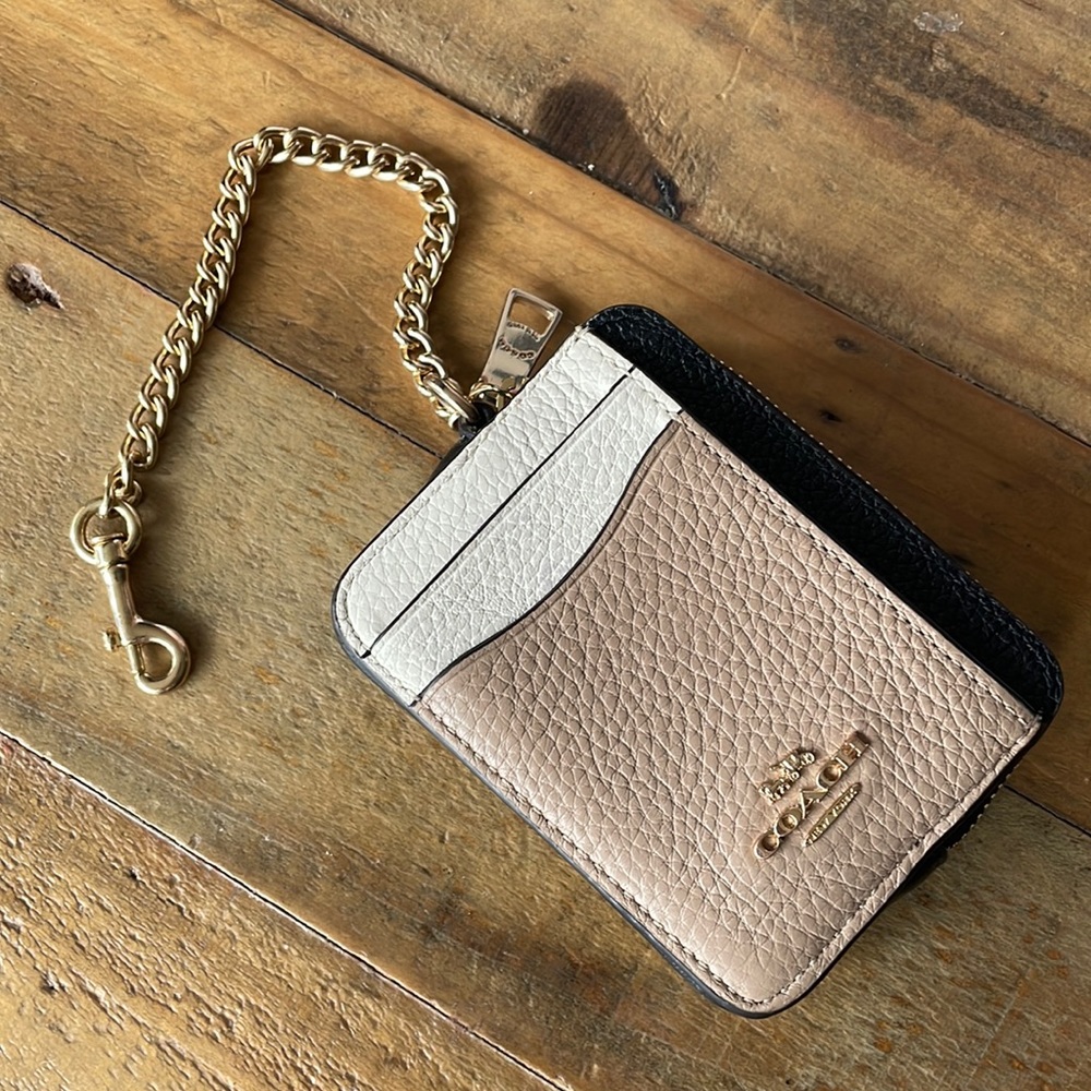 Coach camel and black leather wallet with chain